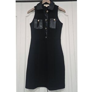 MICHAEL KORS Coin Button Collar Pocket Stretch Dress Black Gold Leather Size XS